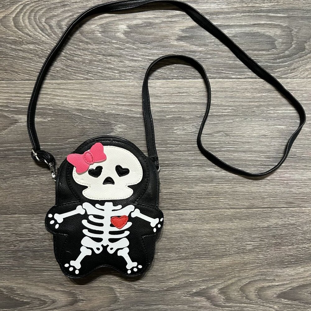 Sleepyville Critters Girl Skeleton Crossbody Bag Faux Leather Heart Bow Alt Goth